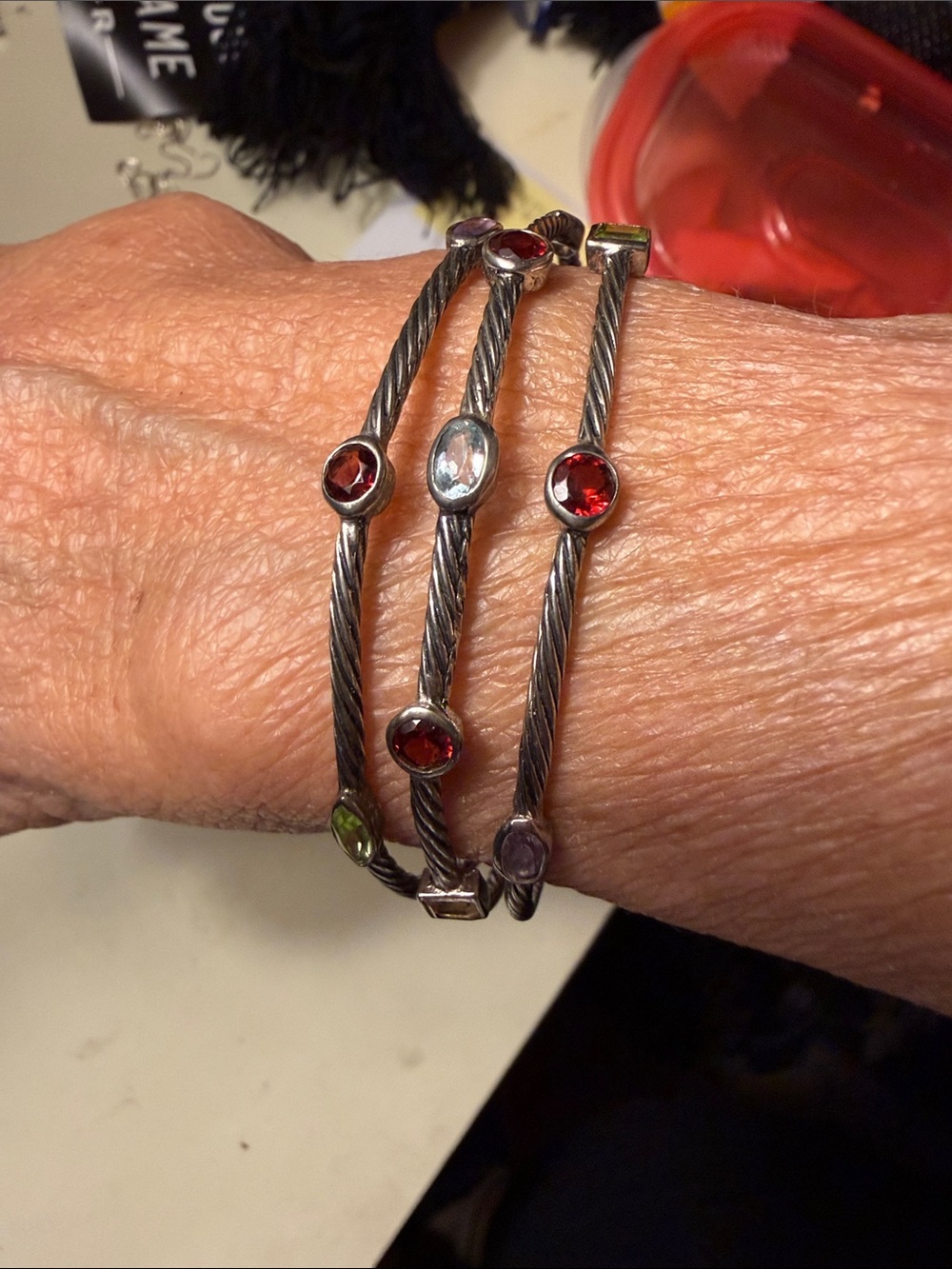 Multi-Gemstone Twisted Wire Bangle Bracelet - Silver Tone